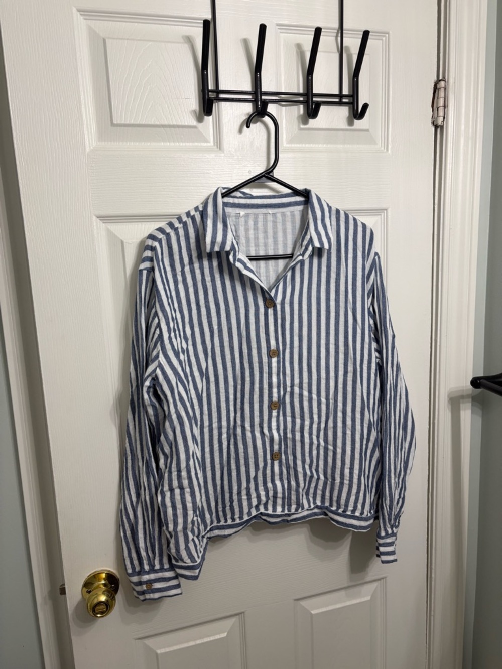 Womens button down top white navy stripe